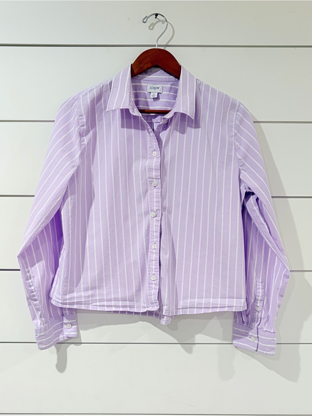 J.Crew Lavender Stripe Button Down Shirt Cropped Preppy Coquette Core Quiet Luxe